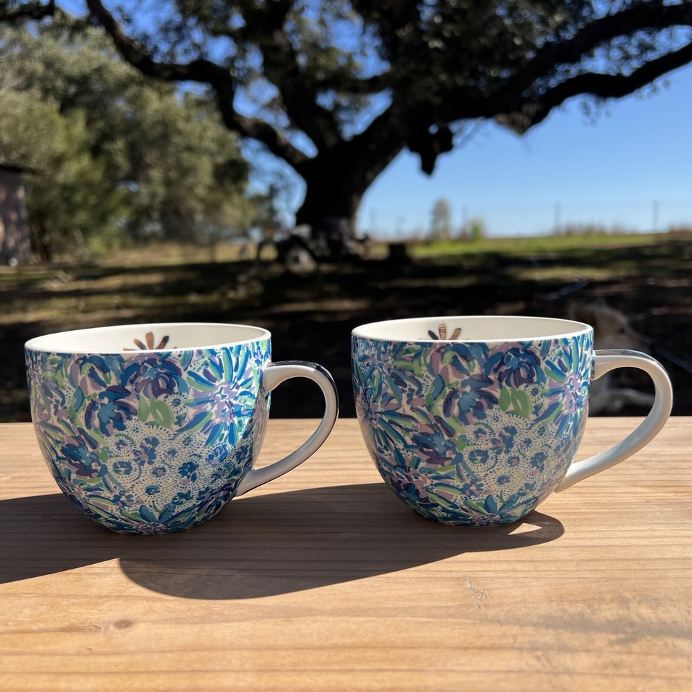 Lilly Pulitzer Mugs Blue Floral Gold Lion Around Tea Coffee Cup Ceramic Set of 2